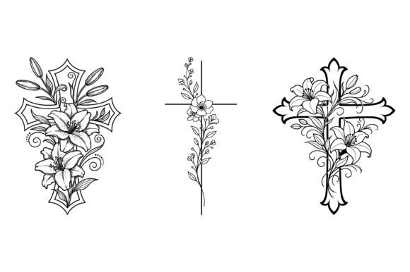 Floral Christian Cross Line Art for T-Shirt Designs